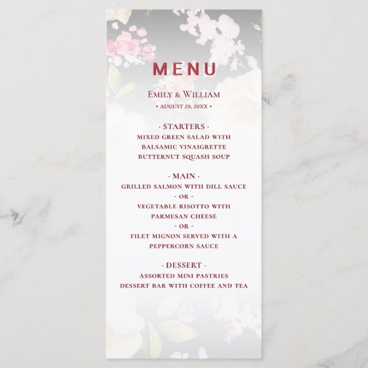 Waterverf Roze Gele Rozen, zwart wazig, Bruiloft Menu (Voorkant)