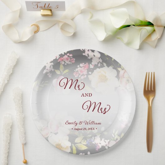 Waterverf Roze Gele Rozen, zwart wazig, Bruiloft Papieren Bordje (Huwelijk)