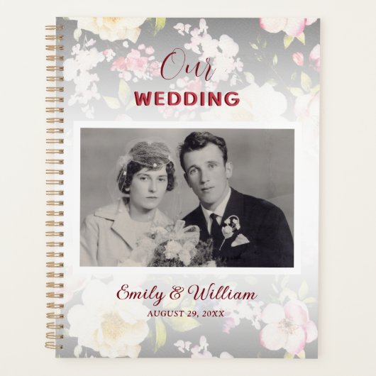 Waterverf Roze Gele Rozen, zwart wazig, Bruiloft Planner (Voorkant)