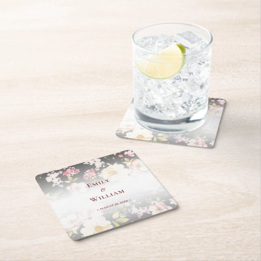 Waterverf Roze Gele Rozen, zwart wazig, Bruiloft Vierkante Kartonnen Onderzetter (Insitu)