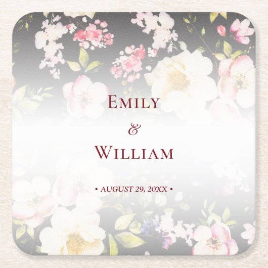 Waterverf Roze Gele Rozen, zwart wazig, Bruiloft Vierkante Kartonnen Onderzetter (Voorkant)