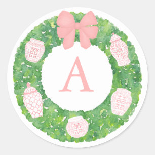 Waterverf Roze gember Jar Boxwood Monogram Ronde Sticker