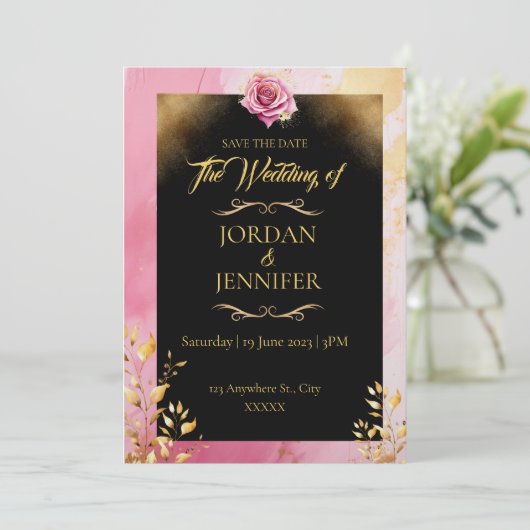 Waterverf Roze & Gouden Bruiloft Save the Date Kaart (Staand voorkant)