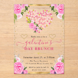 Waterverf Roze & Gouden Harten & Bloemen Galentine Acryl Uitnodigingen