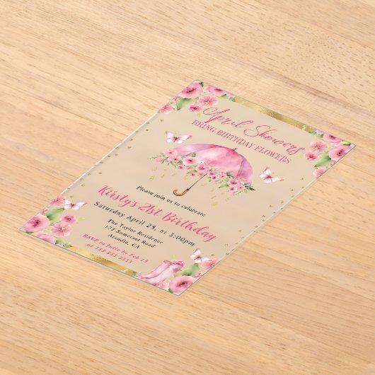 Waterverf Roze Gouden Lente Paraplu 21ste Verjaard Acryl Uitnodigingen (Laagn)