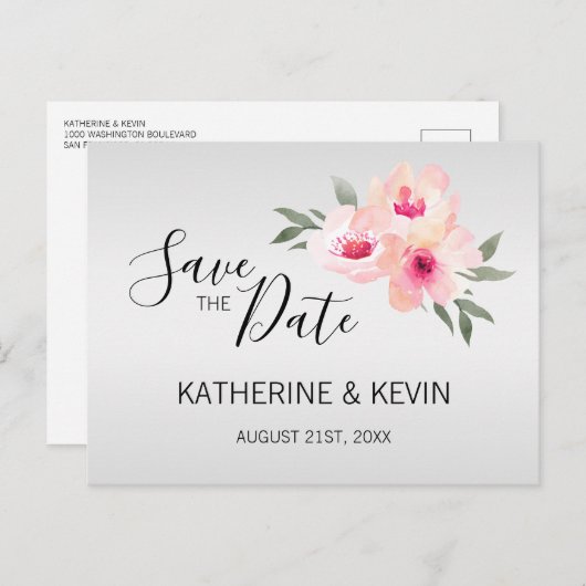 Waterverf Roze Grijs Bloemen Bruiloft SAVE THE DAT Aankondigingskaart (Voorkant / Achterkant)