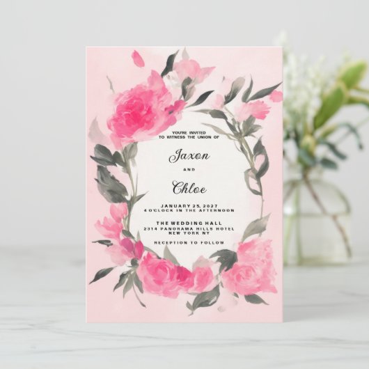 Waterverf roze grijs bloementhema Huwelijk Kaart (Staand voorkant)