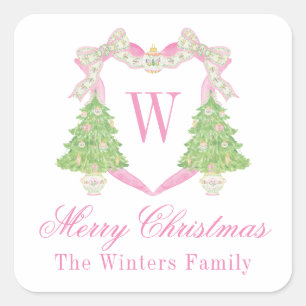 Waterverf Roze & Groen Kerst Monogram Crest Vierkante Sticker