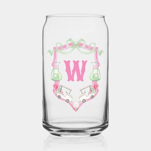 Waterverf Roze & Groene Golfkar Monogram Crest Blikvorm Glas (Voorkant)