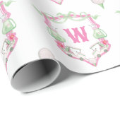 Waterverf Roze & Groene Golfkar Monogram Crest Cadeaupapier (Rol Hoek)