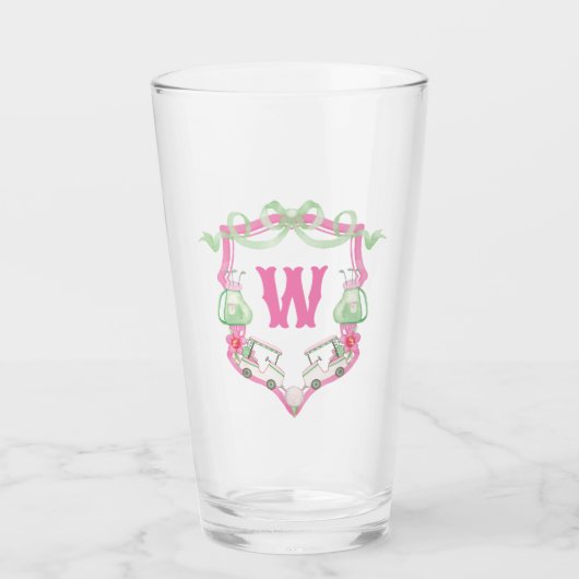 Waterverf Roze & Groene Golfkar Monogram Crest Glas (Voorkant)