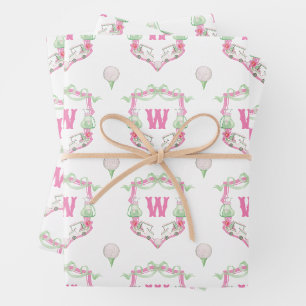 Waterverf Roze & Groene Golfkar Monogram Crest Inpakpapier Vel