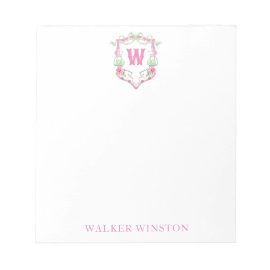 Waterverf Roze & Groene Golfkar Monogram Crest Notitieblok (Voorkant)