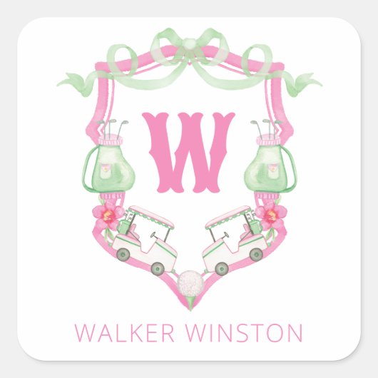 Waterverf Roze & Groene Golfkar Monogram Crest Vierkante Sticker (Voorkant)