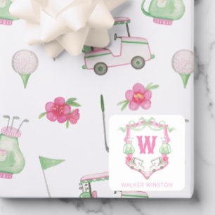 Waterverf Roze & Groene Golfkar Monogram Crest Vierkante Sticker