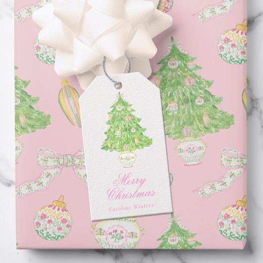 Waterverf Roze & Groene Kerst Chinoiserie Tree Cadeaulabel