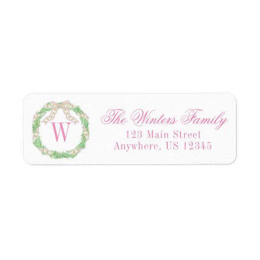 Waterverf Roze & Groene Kerst Monogram Krans Etiket (Voorkant)