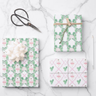 Waterverf Roze & Groene Kerstballerina's Inpakpapier Vel