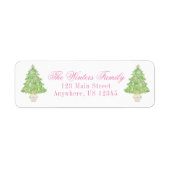 Waterverf roze & groene kerstboom adres etiket (Voorkant)