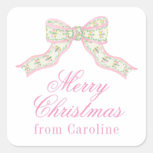 Waterverf Roze & Groene Vlinderstrik Kerst Vierkante Sticker