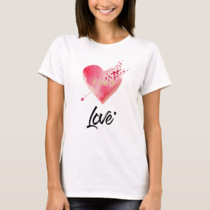 *~* Waterverf Roze Hart & Pijl Vrouwen Wit T-shirt