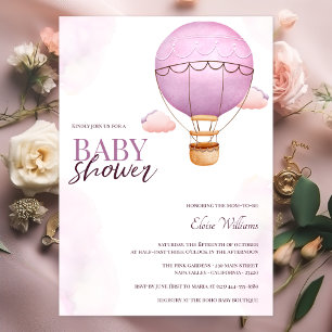 Waterverf Roze Hete Luchtballon Meisje Baby shower Kaart