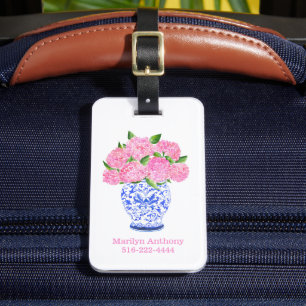 Waterverf Roze Hydrangea Chinoiserie Naam Bagagelabel