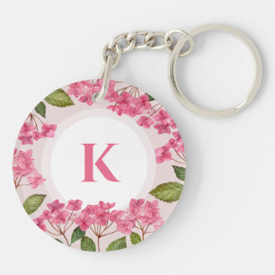 Waterverf Roze Hydrangea Lacecaps Monogram Sleutelhanger