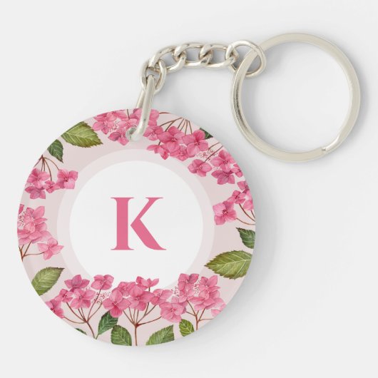 Waterverf Roze Hydrangea Lacecaps Monogram Sleutelhanger (Achterkant)
