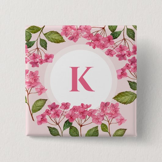 Waterverf Roze Hydrangea Lacecaps Monogram Vierkante Button 5,1 Cm (Voorkant)