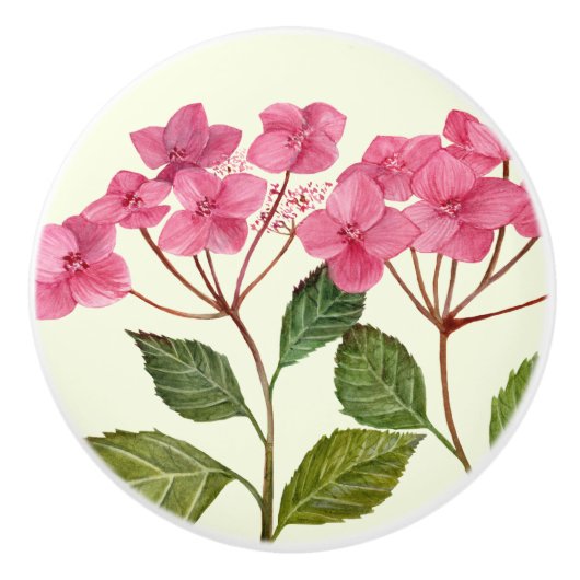 Waterverf Roze Hydrangea Lacecaps Patroon Keramische Knop (Voorkant)