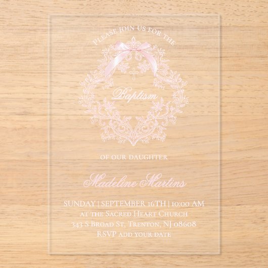 waterverf roze kam | uitnodiging tot doop acryl uitnodigingen (Voorkant)