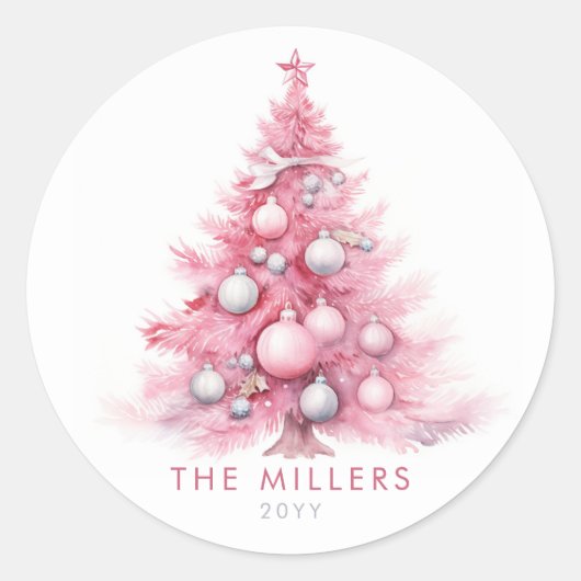 Waterverf Roze Kerstboom Modern Ronde Sticker (Voorkant)