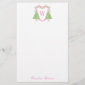 Waterverf Roze Kerstboom Monogram Crest Briefpapier (Voorkant)