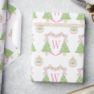 Waterverf Roze Kerstboom Monogram Crest Cadeaupapier