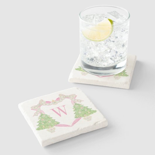 Waterverf Roze Kerstboom Monogram Crest Stenen Onderzetter (Zijkant)
