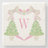 Waterverf Roze Kerstboom Monogram Crest Stenen Onderzetter (Voorkant)