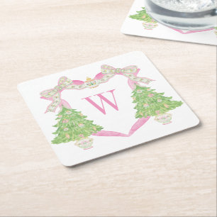 Waterverf Roze Kerstboom Monogram Crest Vierkante Kartonnen Onderzetter