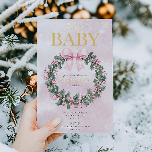 waterverf Roze Kerstman 1e geboortedag Folie Uitnodiging