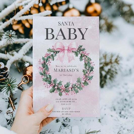 waterverf Roze Kerstman 1e geboortedag Kaart