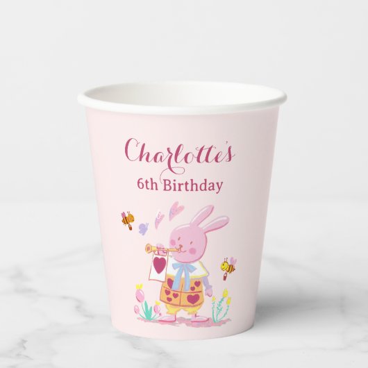 Waterverf Roze Konijn Tuin Kinderen Verjaardag Papieren Bekers (Voorkant)