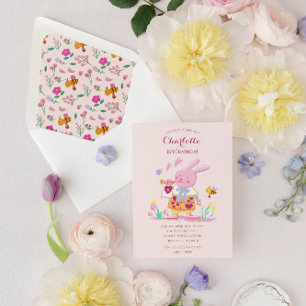 waterverf roze konijntje in de tuin kids birthday kaart