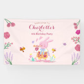 waterverf roze konijntje in de tuin kids birthday spandoek (Horizontaal)