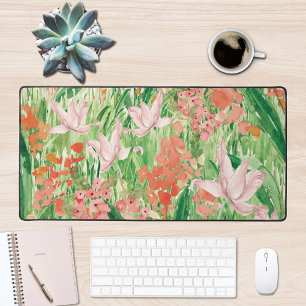 Waterverf Roze Koraal Bloemrijke Weide Op Berg Bureaumat