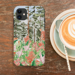Waterverf Roze Koraal Bloemrijke Weide Op Berg iPhone 11 Hoesje