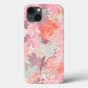 Waterverf Roze koraal Floral Patroonmonogram iPhone 13 Hoesje