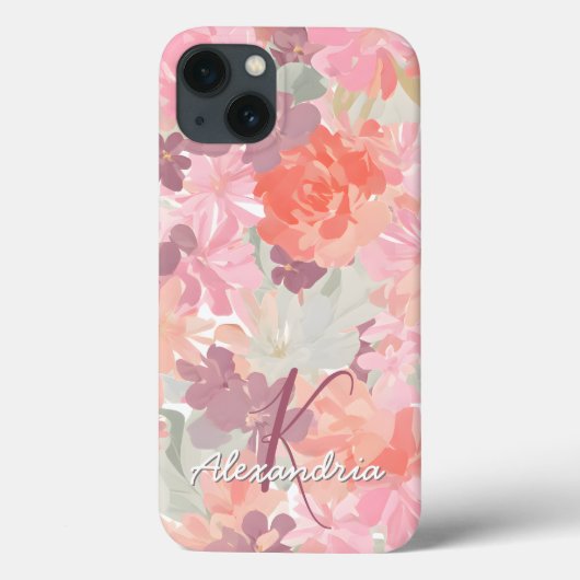 Waterverf Roze koraal Floral Patroonmonogram Case-Mate iPhone Case (Achterkant)