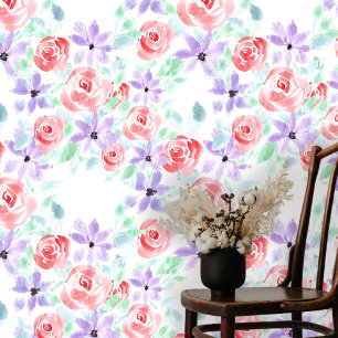 Waterverf Roze Koraal Rozen en Paarse Blooms Behang