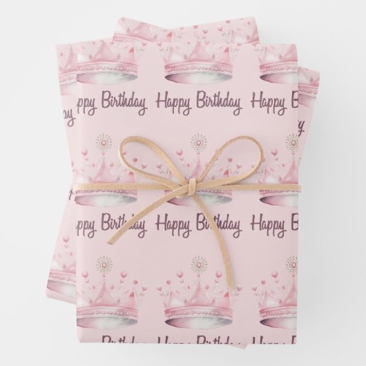 Waterverf Roze Kroon Happy Birthday Inpakpapier Vel (In situ)