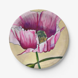 Waterverf roze kunstbloem papieren bordje